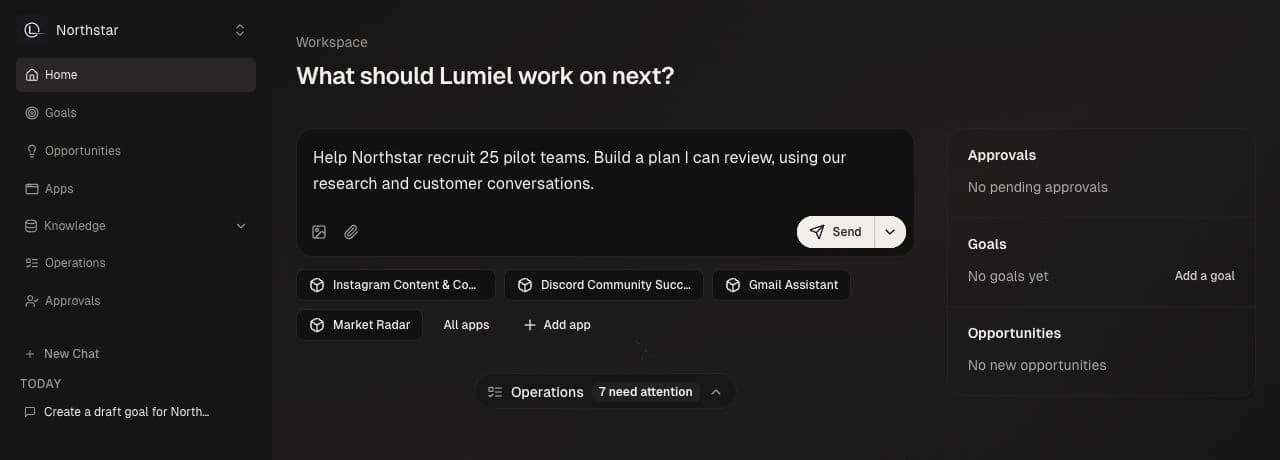 Current Lumiel Workspace Agent home: a draft pilot-recruitment request, connected apps, operations, and the goals and approvals overview